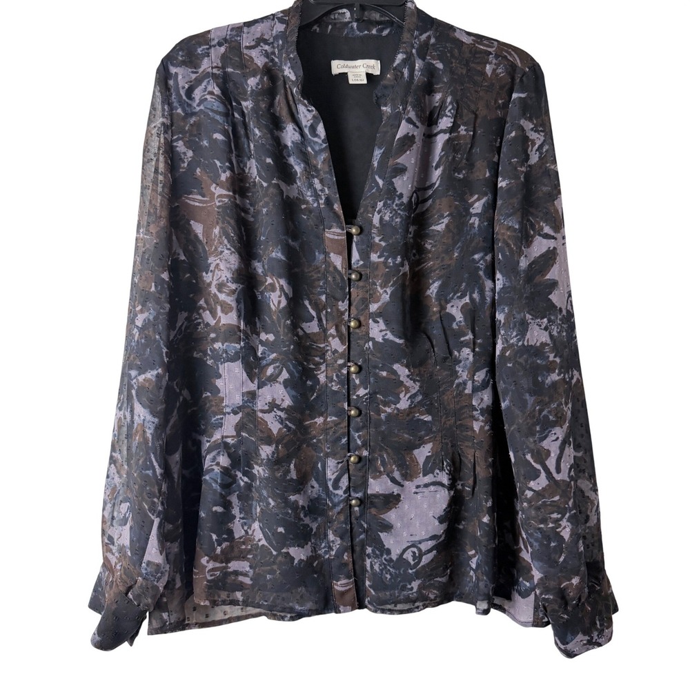 Coldwater Creek Blouse Women L Gray Floral Button Front Sheer Sleeve V-Neck